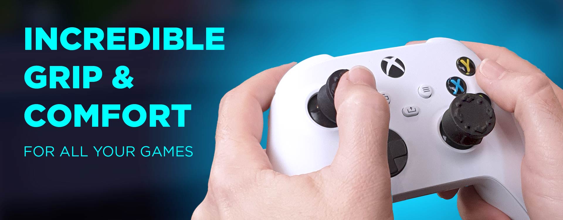 "Incredible Grip & Comfort for All Your Games" - Thumb Soldiers Step Up Pro Thumbstick Gaming Accessories - shown on Xbox controller