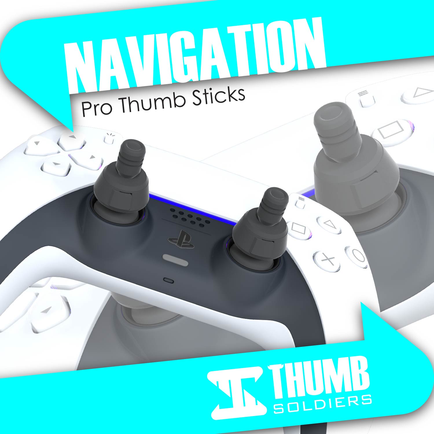 The image shows a gaming controller with the Thumb Soldiers logo, highlighting the Navigation Kit as pro thumb sticks, designed for ultimate precision in gaming.