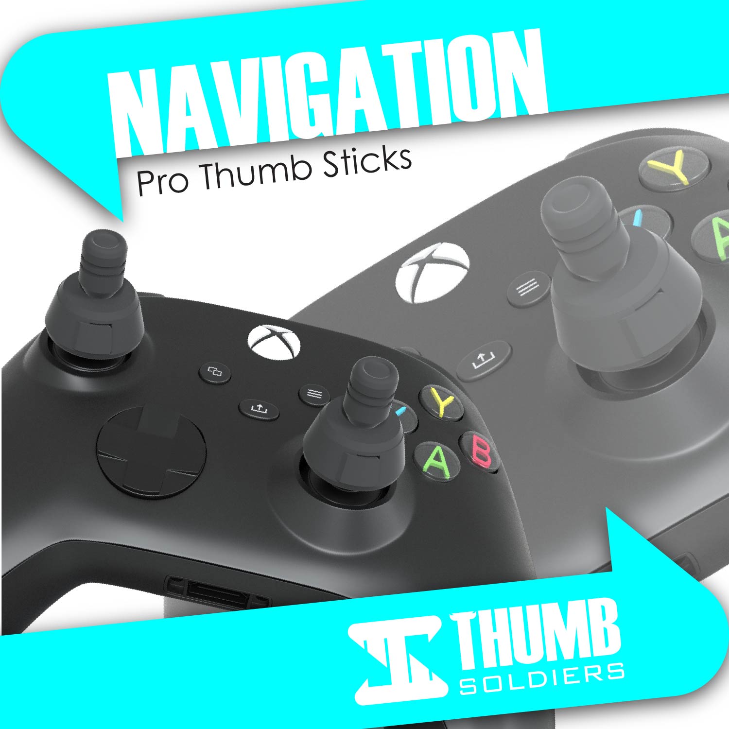The image shows a gaming controller with the Thumb Soldiers logo, highlighting the Navigation Kit as pro thumb sticks, designed for ultimate precision in gaming.