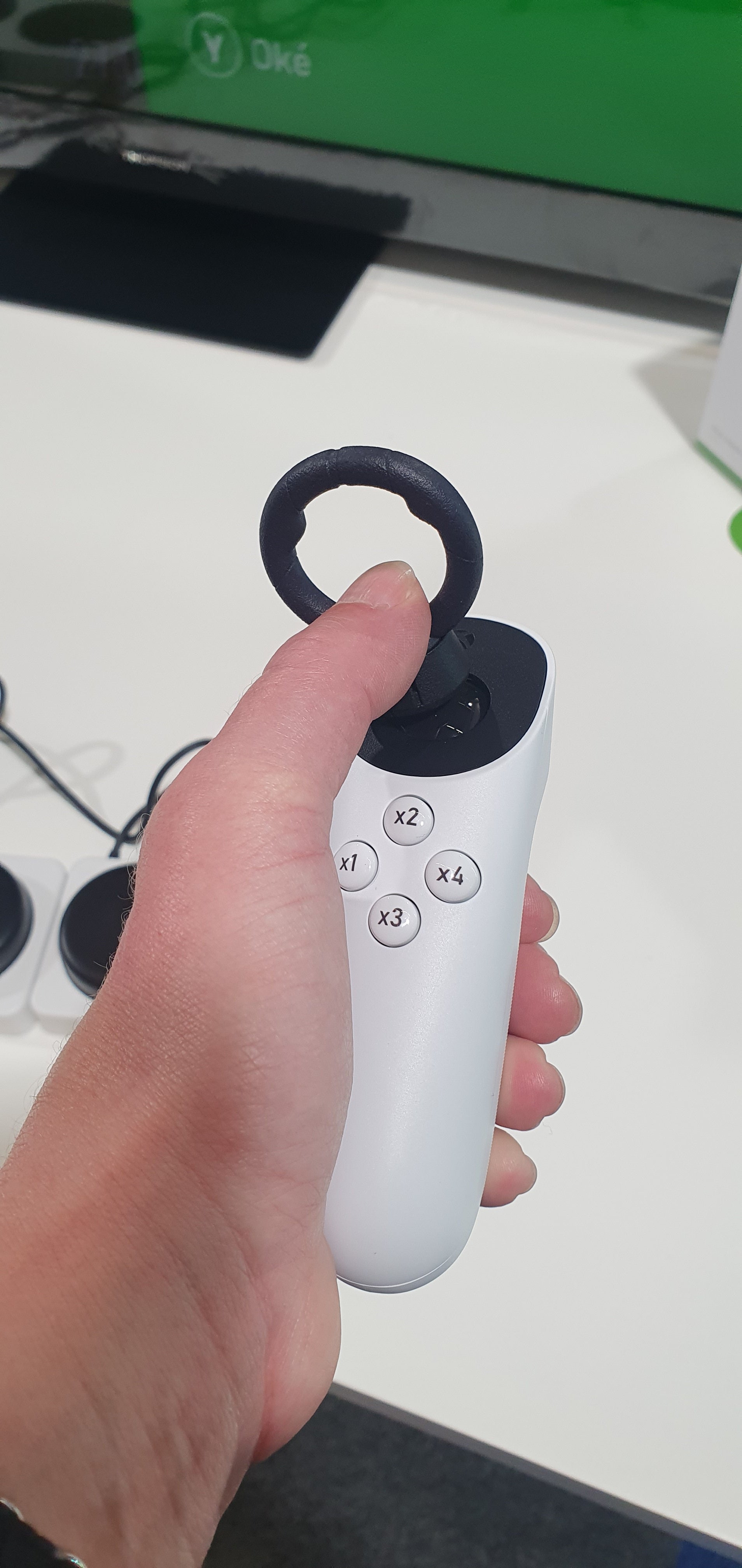 X Knuckle with Racer Wheel Soldier thumbstick toppers on Xbox Adaptive Joystick (XAJ)