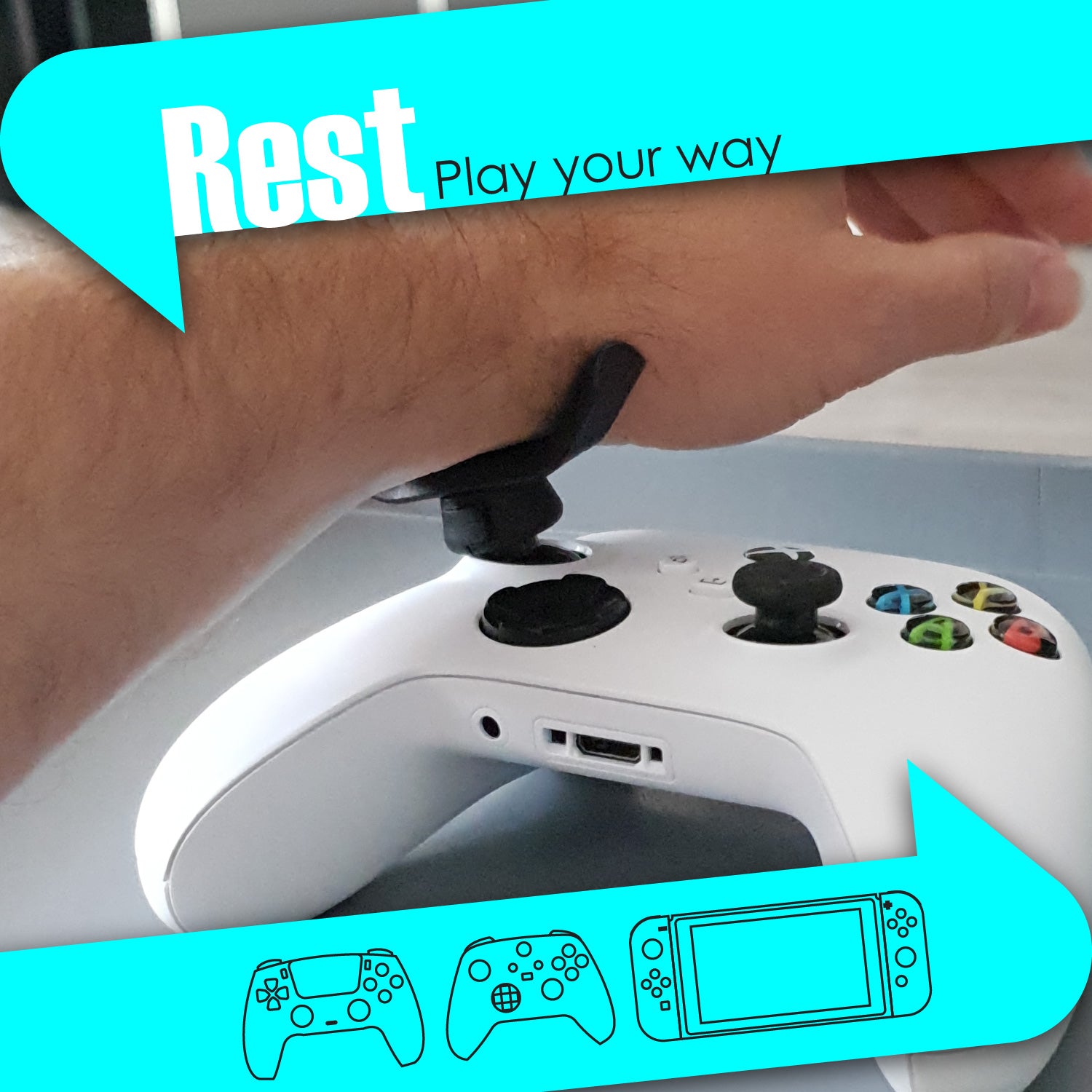 The image shows a gaming controller with the Rest Kit attached to it. The Rest Kit includes thumb stick attachments in different shapes and sizes for adaptive gaming accessibility.