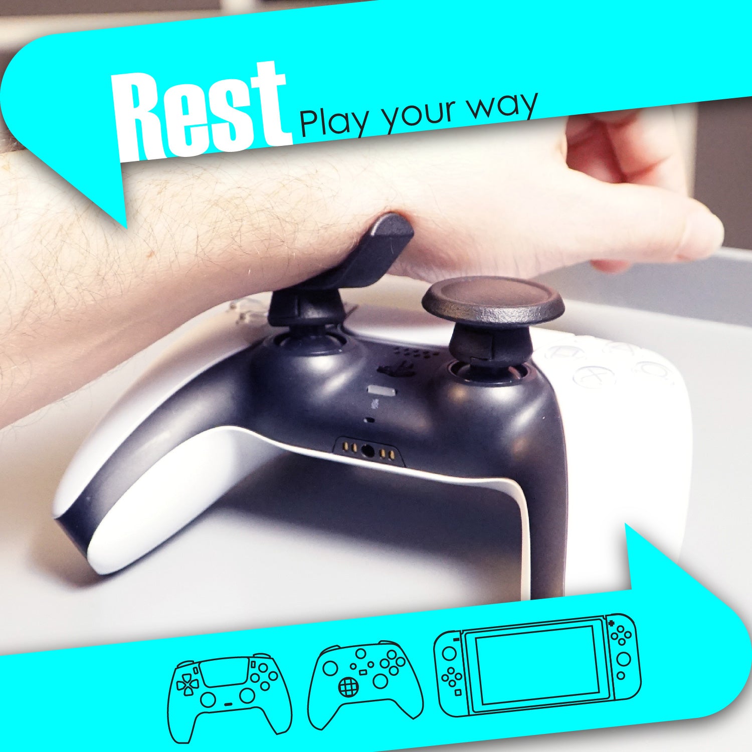 The image shows a gaming controller with the Rest Kit attached to it. The Rest Kit includes thumb stick attachments in different shapes and sizes for adaptive gaming accessibility.