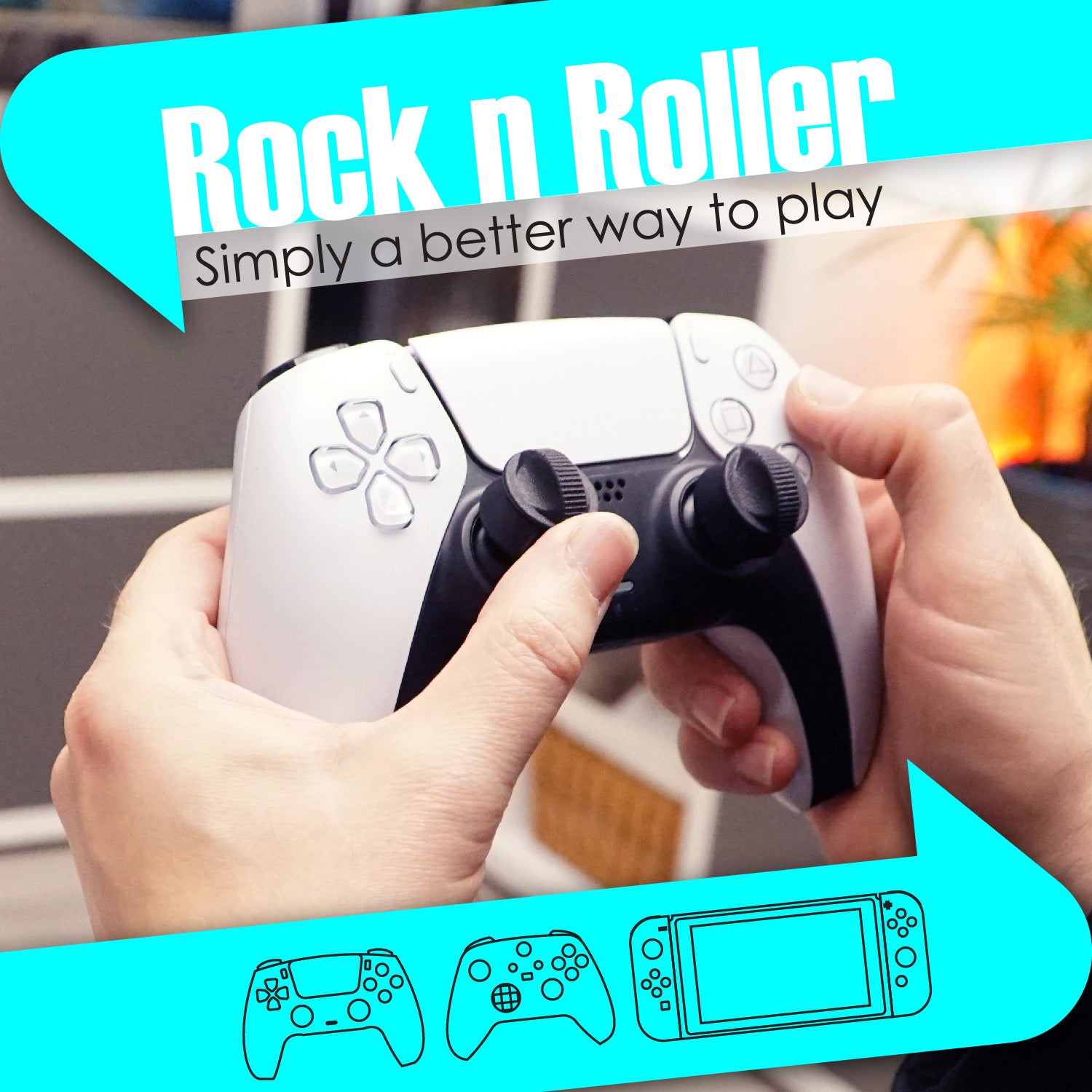 The image shows a PlayStation controller with the Rock n Roller Pro Thumb Grips attached to it. It highlights the thumbsticks accessories in a prominent position, indicating the product's purpose for enhancing control and precision in gaming.