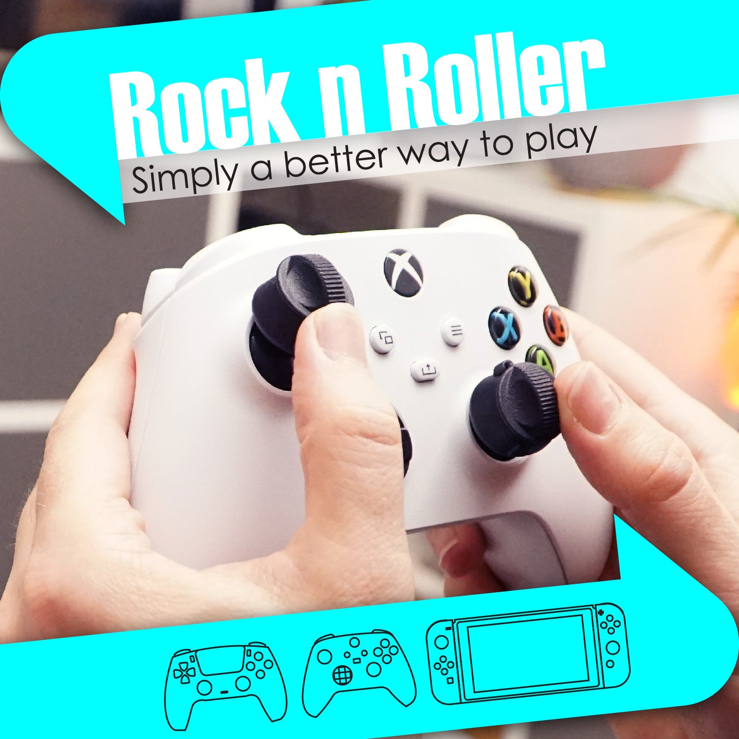The image shows a Xbox controller with the Rock n Roller Pro Thumb Grips attached to it. It highlights the thumbsticks accessories in a prominent position, indicating the product's purpose for enhancing control and precision in gaming.