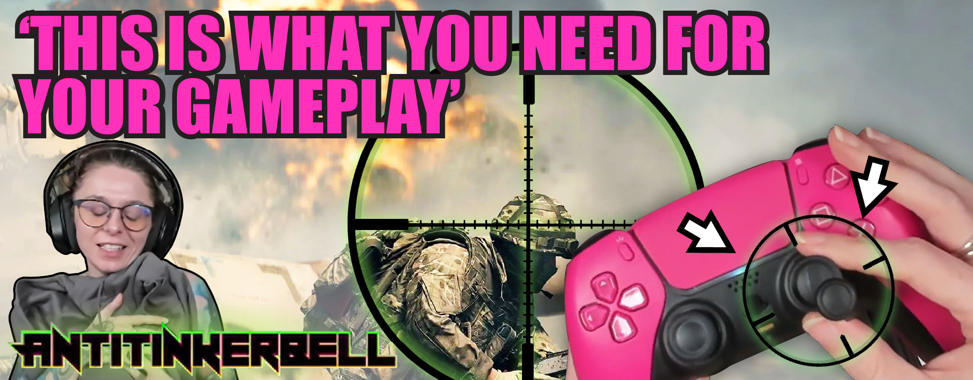 Person holding a pink gaming controller with text overlay about gameplay needs on Battlefield 6 background, featuring Thumb Soldiers Step Up & Antitinkerbell.