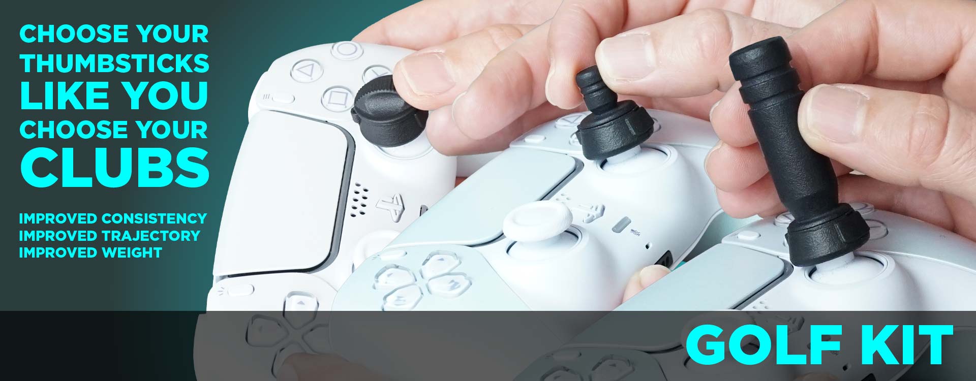 Golf kit for a gaming controller with text on customization options.