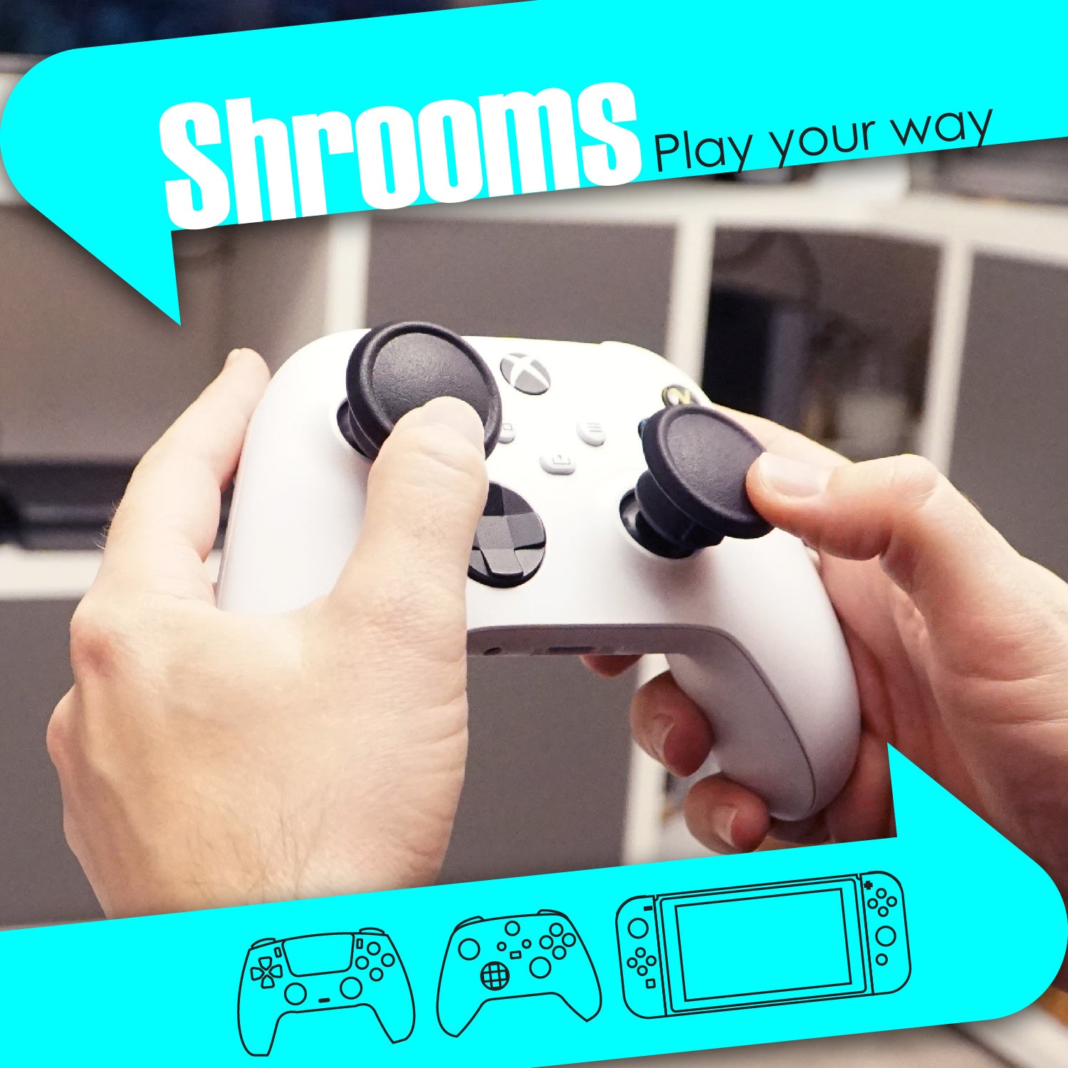 The image shows a set of oversized thumbsticks, known as Shrooms thumb grips, attached to a gaming controller, with the slogan 'Play Your Way'