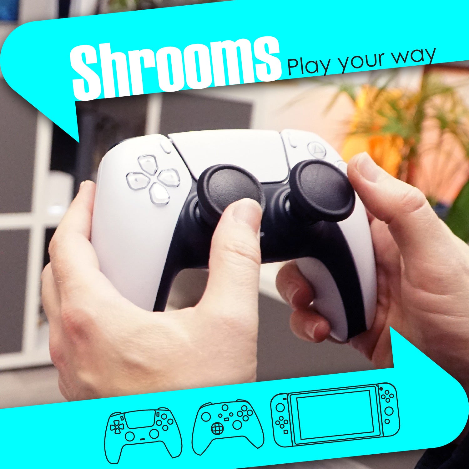 The image shows a set of oversized thumbsticks, known as Shrooms thumb grips, attached to a gaming controller, with the slogan 'Play Your Way'