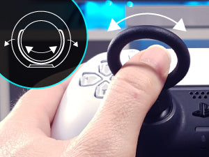 Close-up of a hand holding a white and black game controller, with an inset diagram showing a wheel grip design and white arrows indicating side to side movement