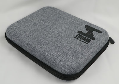 Gray carrying case with black logo on a white background