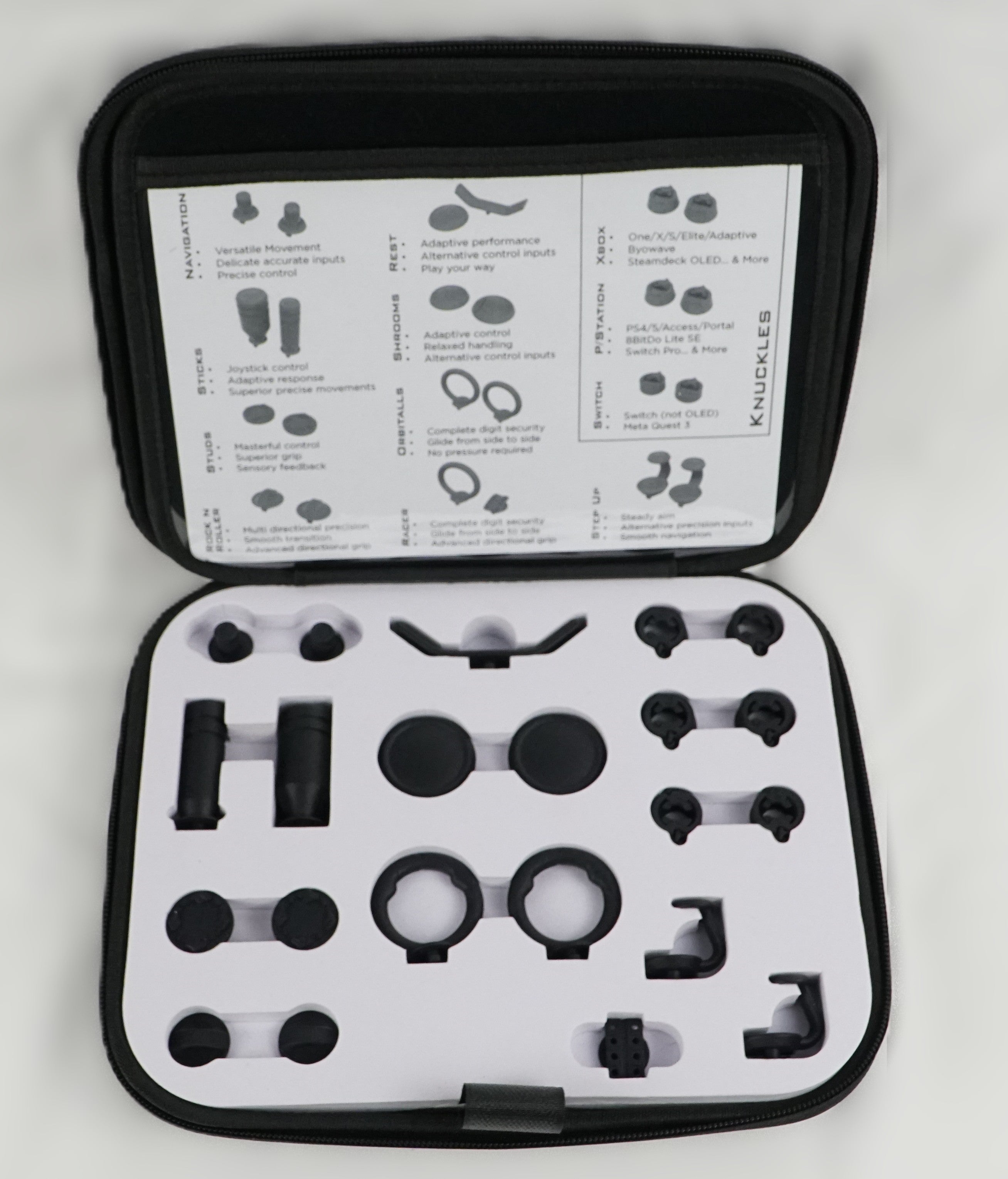 Set of components in a case with a white interior on a light gray background