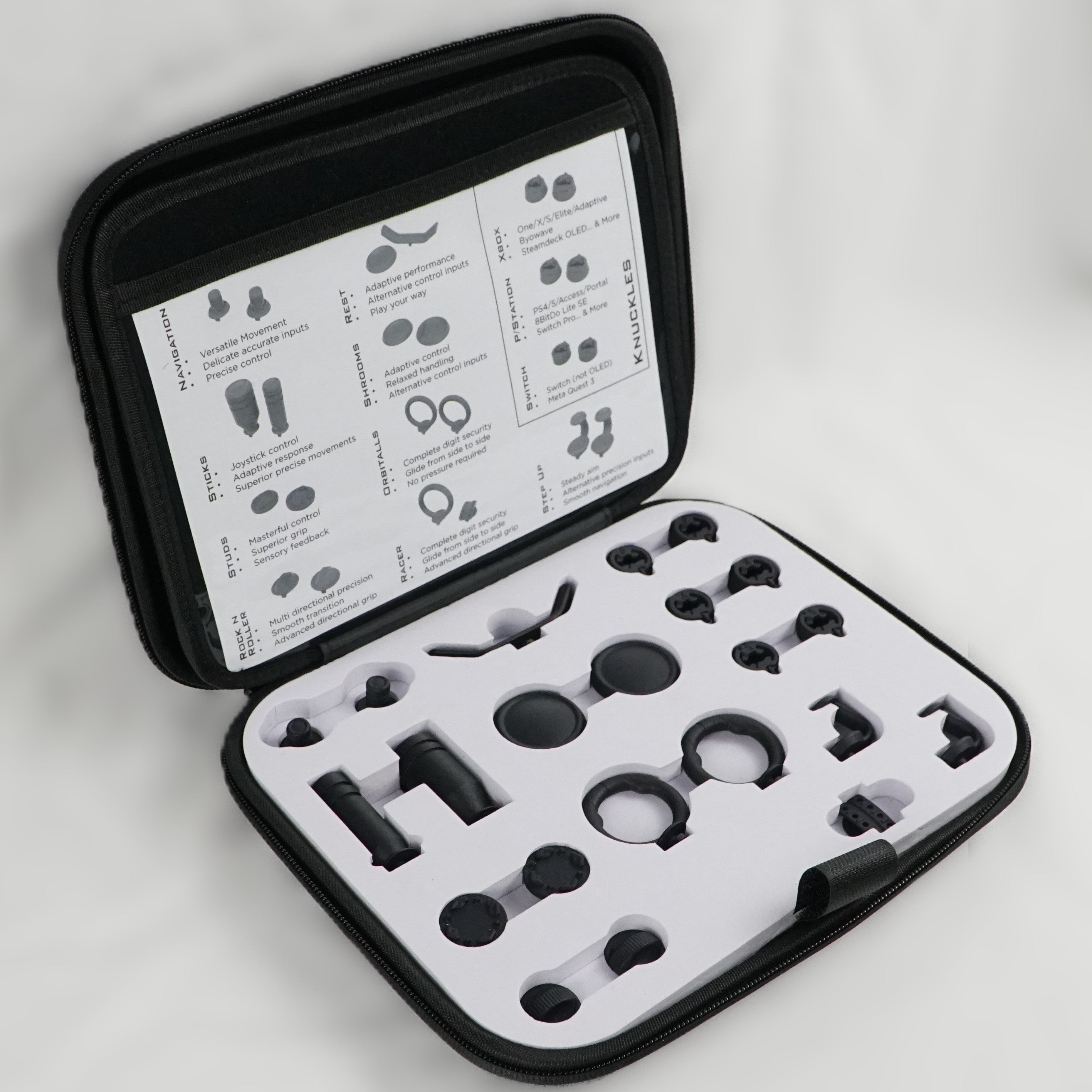 Black and white tool kit with instructions on a light gray background