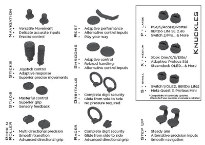 Technical specifications and features of Knuckles gaming controller parts on a white background
