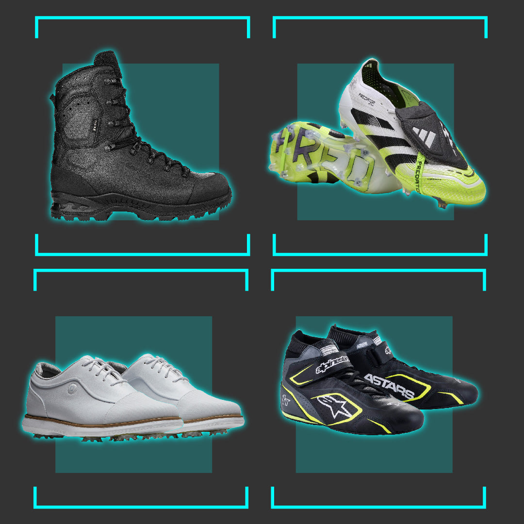 Collage of different types of shoes including a black boot, sports shoes, golf shoes, and racing shoes on a dark background.