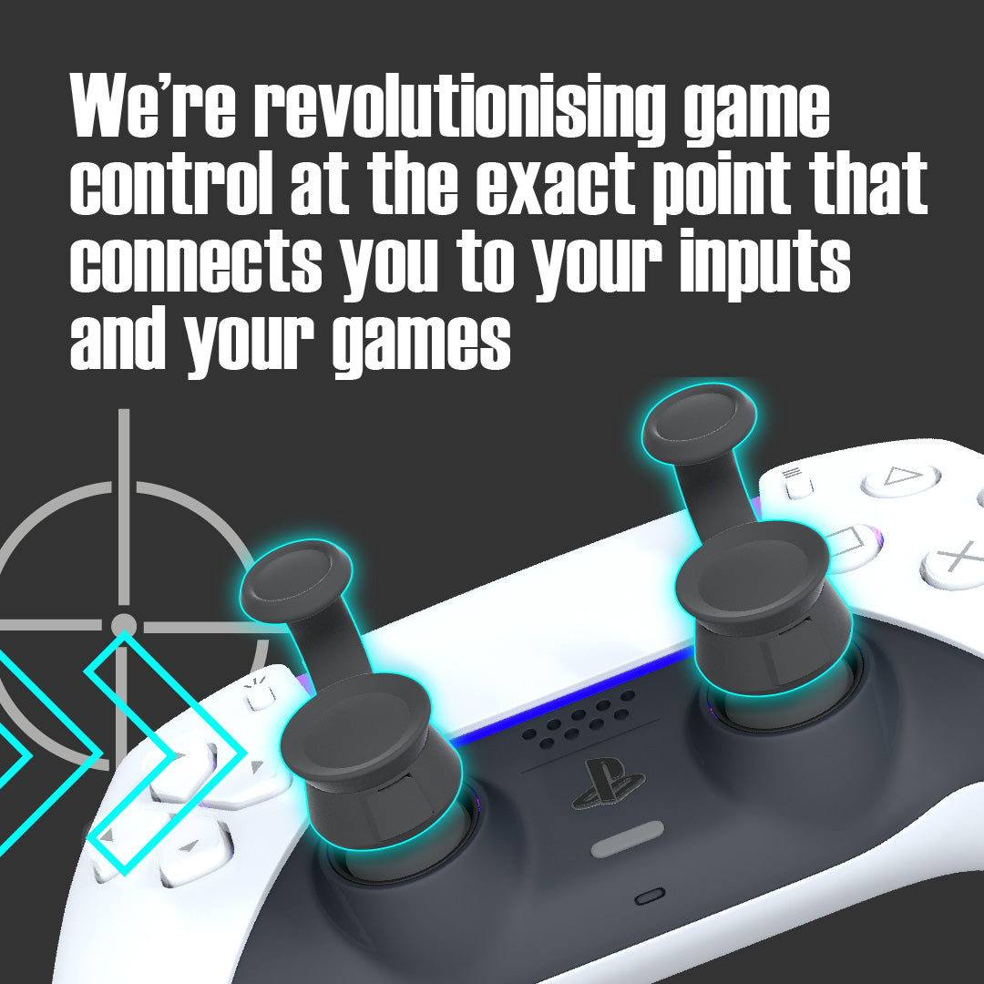Gaming controller with a set of Thumb Soldiers thumb grips and text about revolutionising game control at the exact point that connects you to your inputs and your games