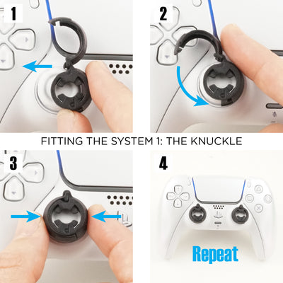Step-by-step guide on fitting a knuckle system onto a device with close-up views and arrows indicating actions.