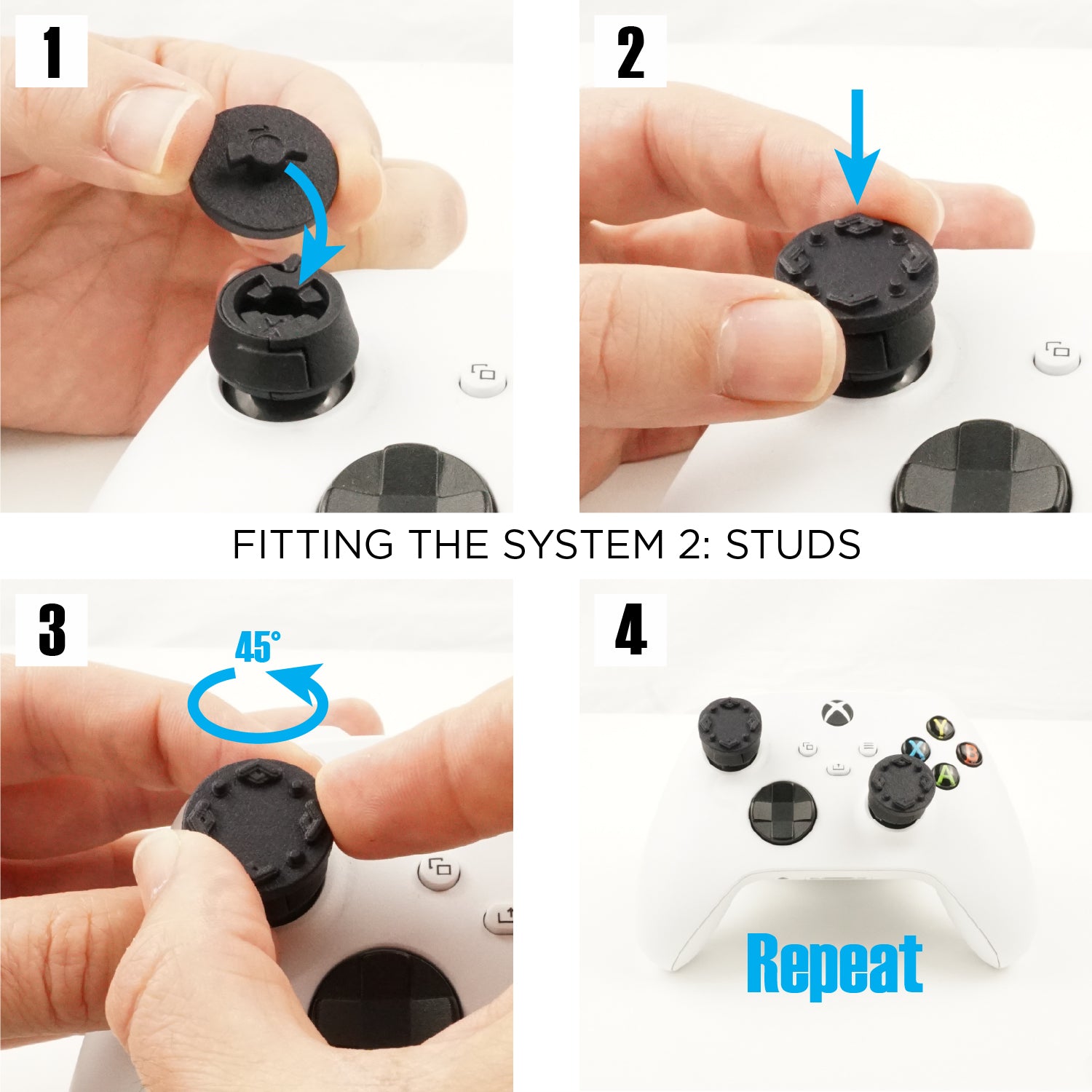 Step-by-step guide on fitting Studs thumb grips into a gaming controller, with close-up shots of hands and controller.
