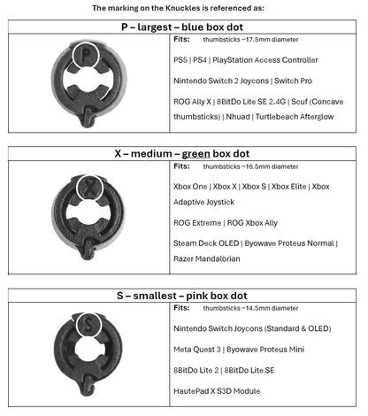 Chart detailing different sizes of 'Knuckles' thumbstick covers with corresponding fit information.