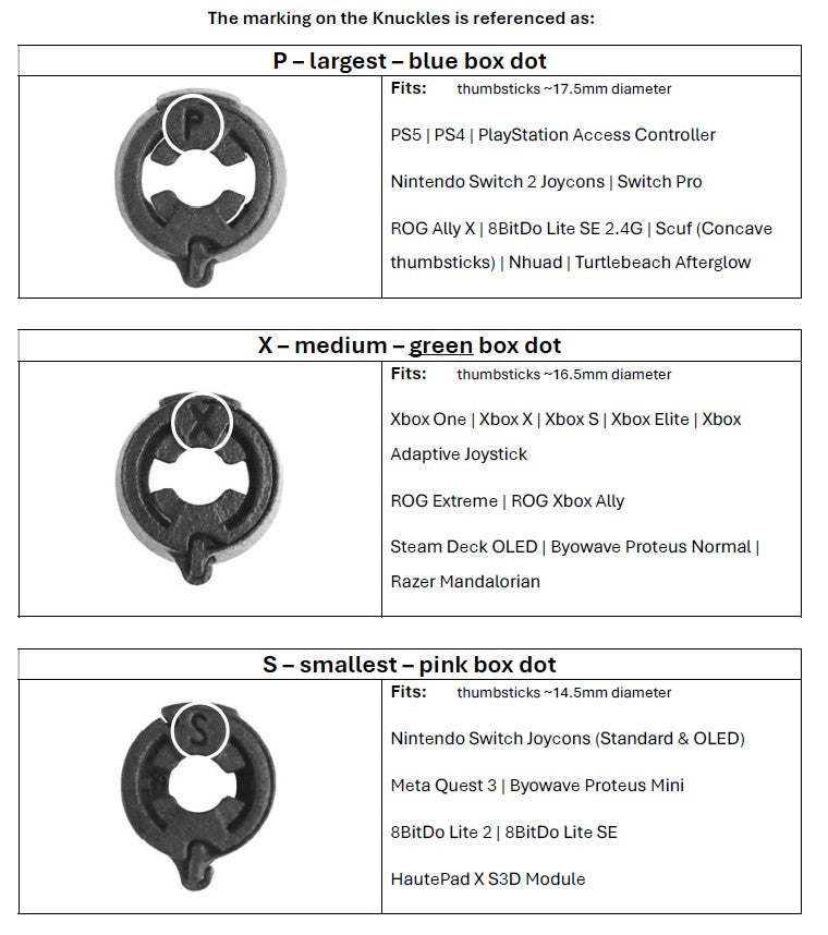 Chart detailing different sizes of 'Knuckles' thumbstick covers with corresponding fit information.