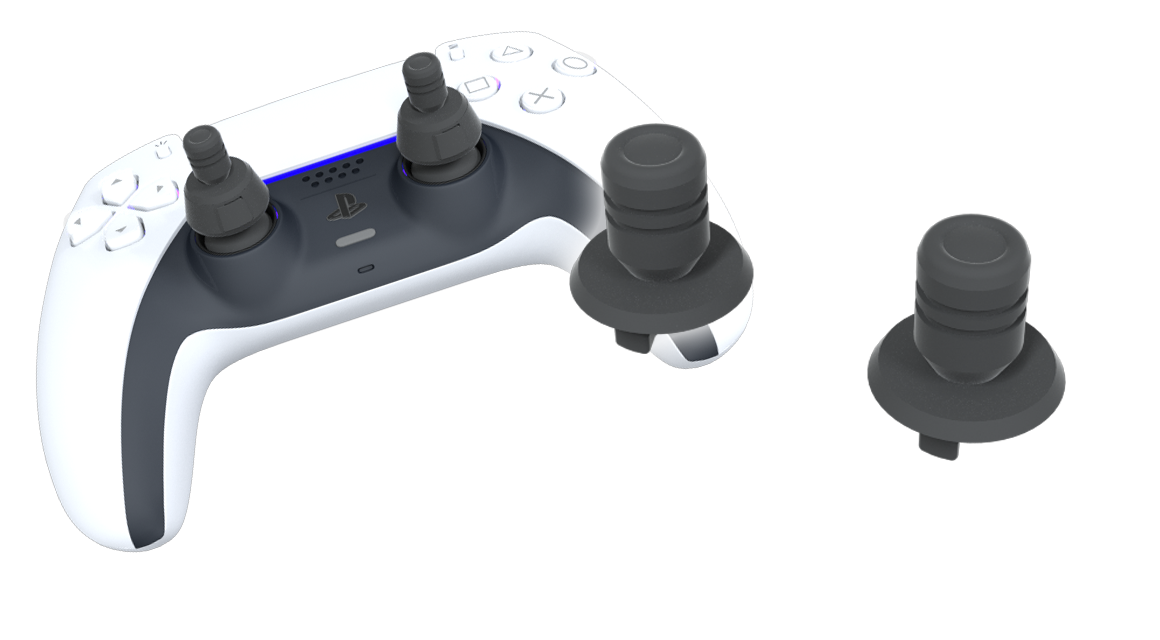 Navigation games controller attachment for Playstation 5. Providing improved performance, improved comfort, customization, personalization and interchangeability with the full range of Thumb Soldiers