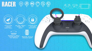 Image showing Racer Kit on ps5 thumb grips. Icons showing suitable for multiple game genres including FPS, Inclusive, Fighting, Racing, RPG, Sport. Features are: Feather Light Control, Glide from Side to Side, Complete Thumb Security, Smooth Roll Accelerate to Brake, Racer Style, Racer Grip. Available as ps5 controller accessories, ps4 accessories, xbox controller accessories & Switch