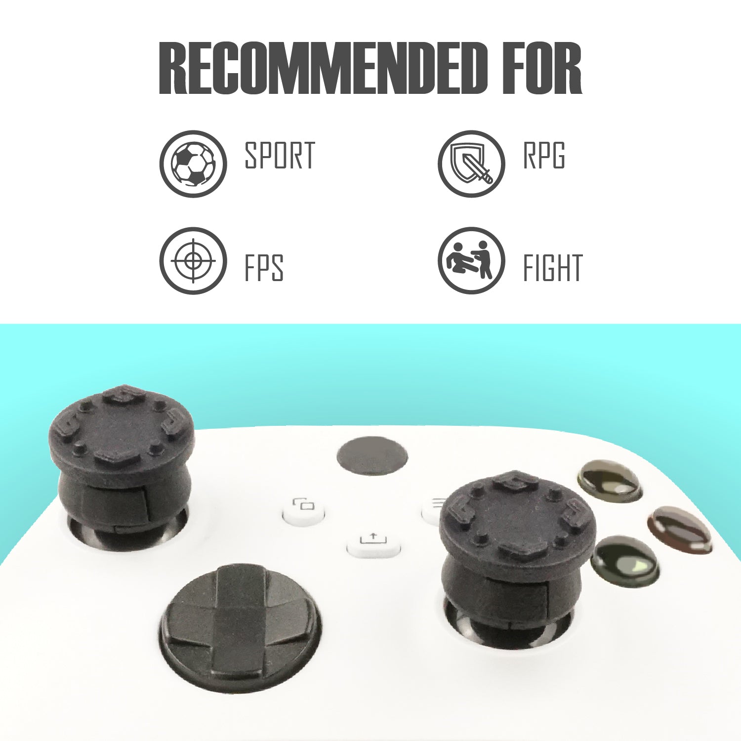 Black joystick attachments on a white controller with gaming genre icons above.