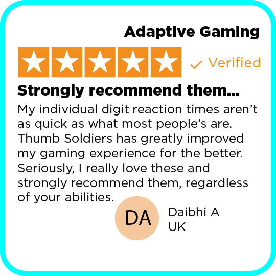 Product review for 'Thumb Soldiers' with five-star rating and text praising the gaming experience.