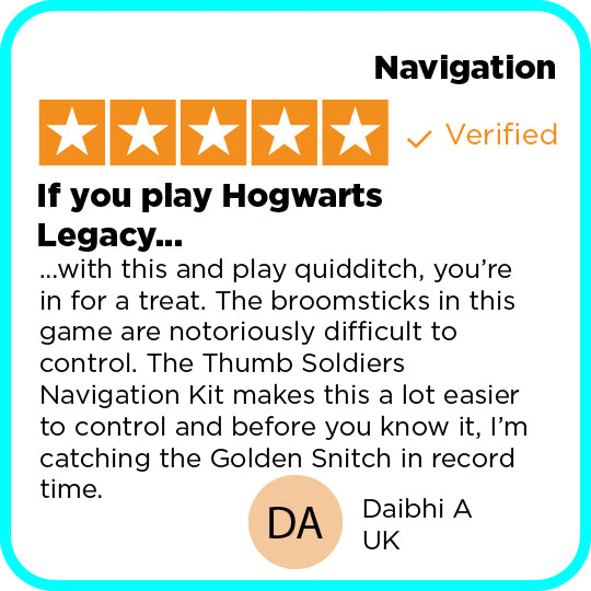 Navigation kit product review for 'Hogwarts Legacy' game with star rating and text description.