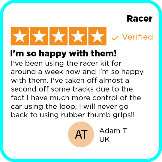 Product review with five-star rating and user feedback for Racer kit on a white background