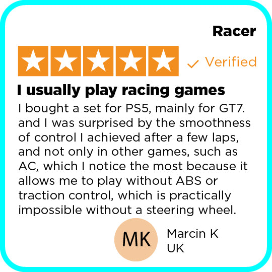 Product review for a racing game controller set on a white background with text and star rating.