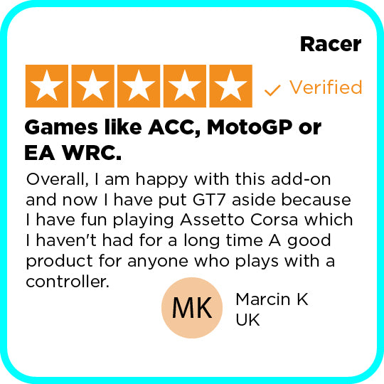 Product review with star rating and text about games like ACC, MotoGP, or EA WRC.