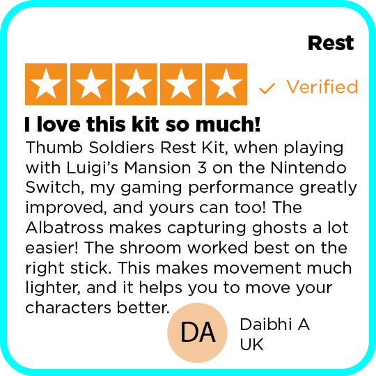 Product review for Thumb Soldiers Rest Kit with five-star rating and positive feedback.