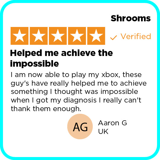 Shrooms product review with five-star rating and customer testimonial on a white background