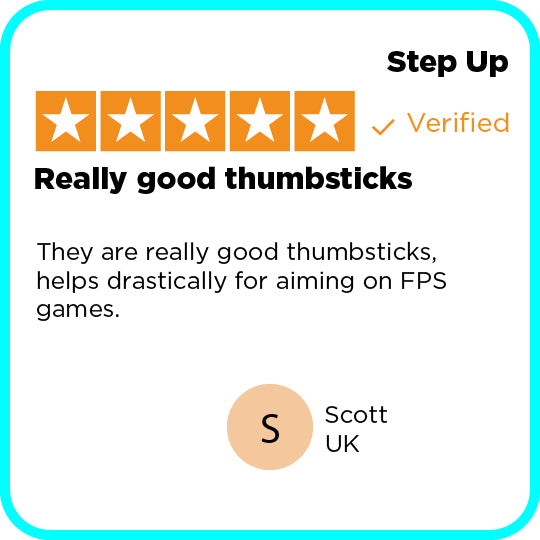 Step Up product review for 'Really good thumbsticks' with five-star rating and user feedback on a white background.