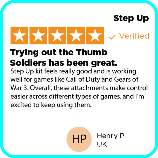 Product review with star rating and text about 'Thumb Soldiers' attachments for gaming controllers.