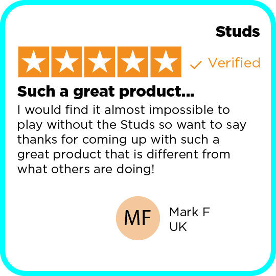 Product review with five-star rating and text praising the product 'Studs'.