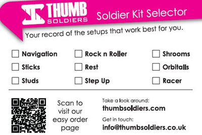 Selector card for Thumb Soldiers with checkboxes and QR codes on a pink background