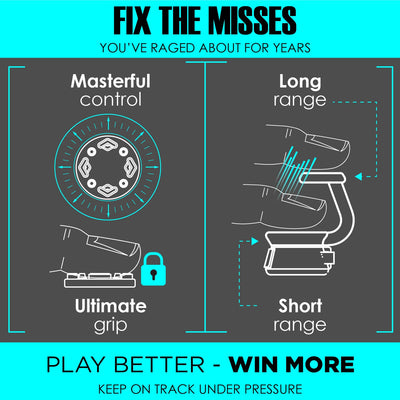 Product features like 'Masterful control', 'Ultimate grip', 'Long range' and 'Short range' on a dark background.