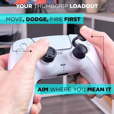 Person holding a gaming controller with text on how to use it, including 'Move, Dodge, Fire First' and 'Aim Where You Mean It'.