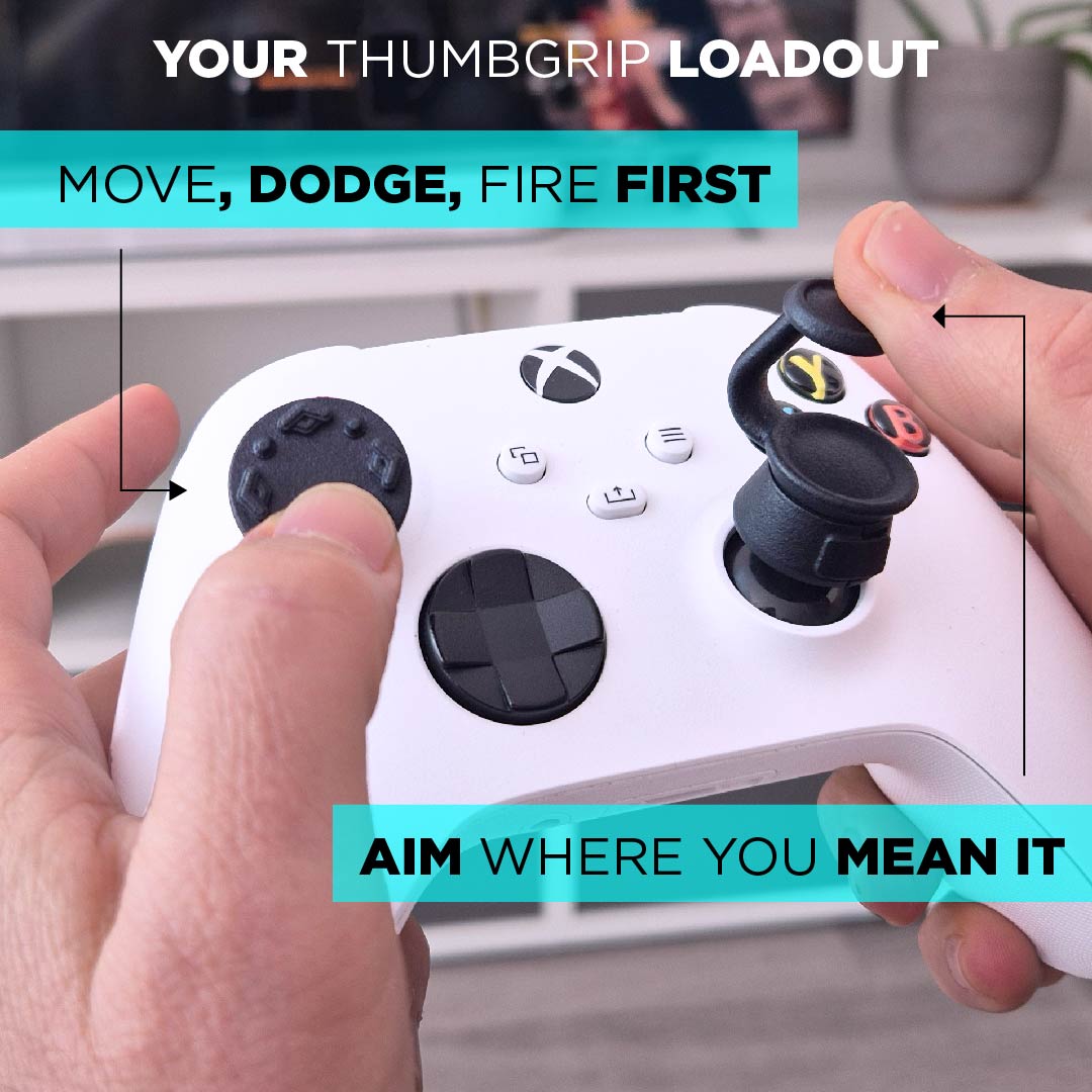 Person holding a gaming controller with text on how to use it, including 'Move, Dodge, Fire First' and 'Aim Where You Mean It'.