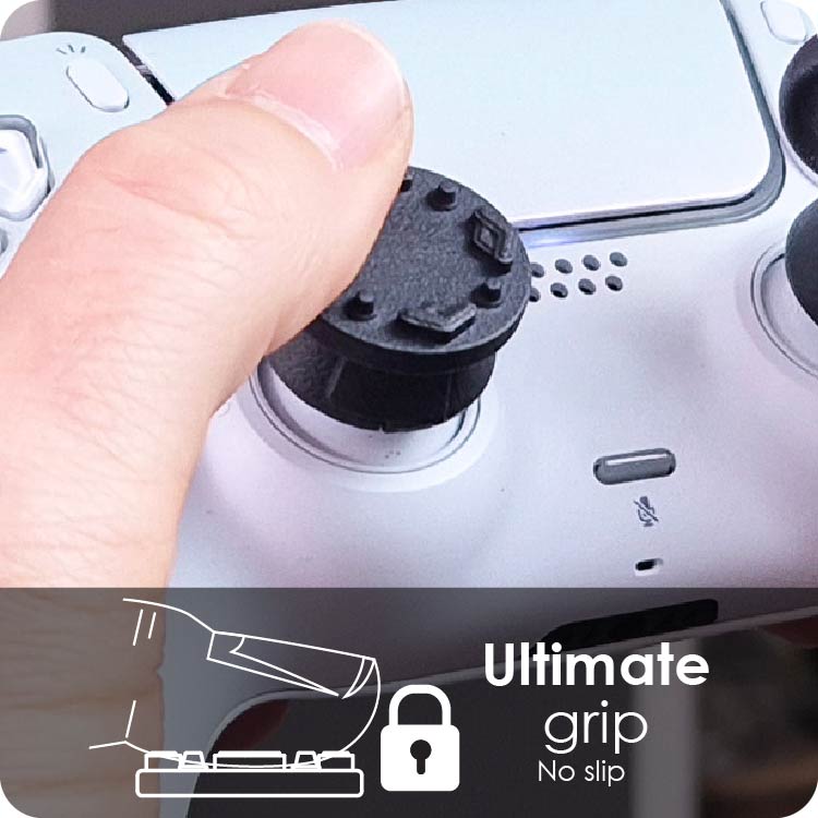 Hand holding a gaming controller with a black thumb grip modifier, labelled 'Ultimate grip No slip'.