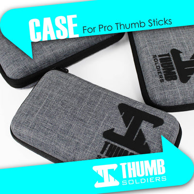 A gray fabric case with the text 'CASE For Pro Thumb Sticks' and the logo 'THUMB SOLDIERS' printed on it.
