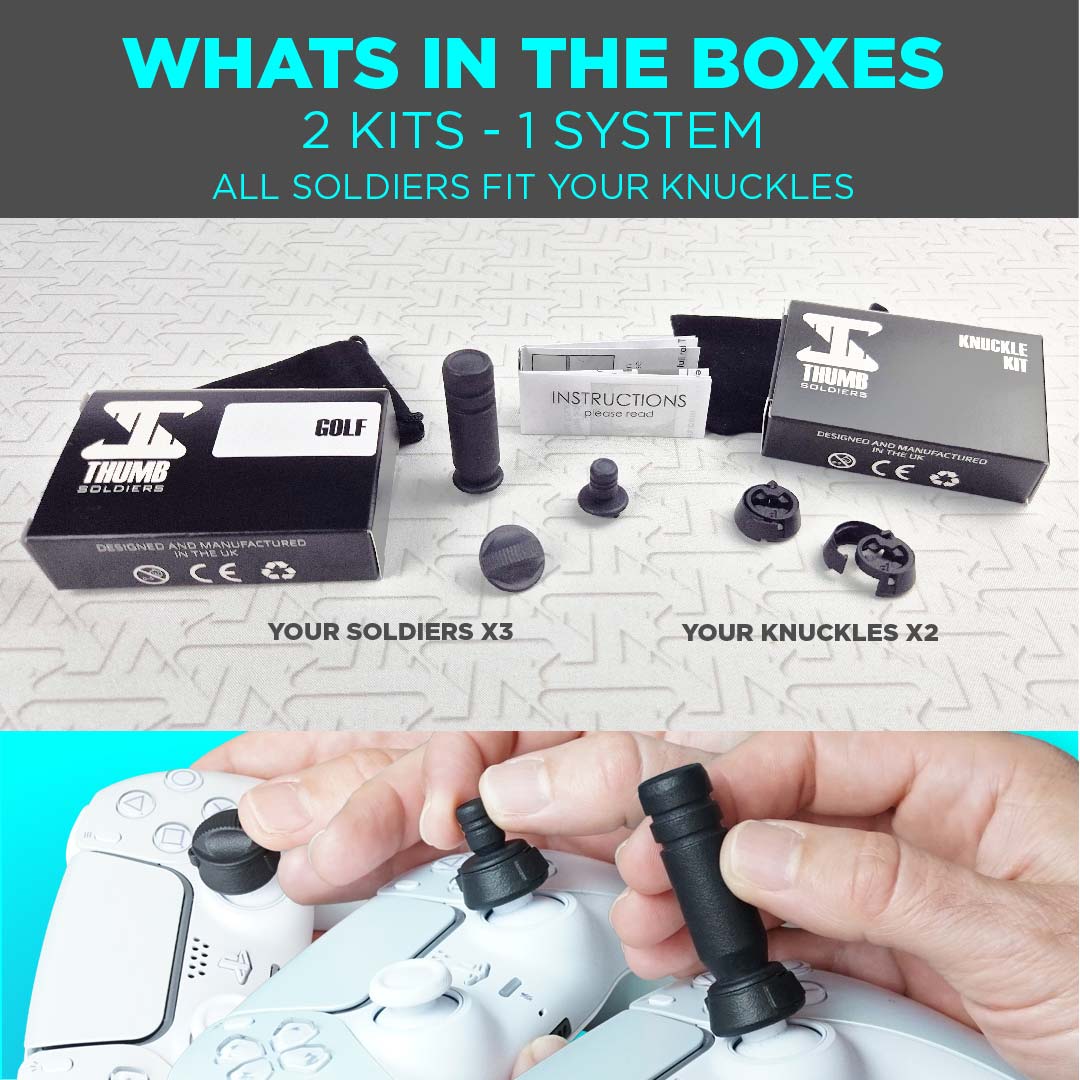 Thumb Soldier Golf kit boxes and components on a grey background with text