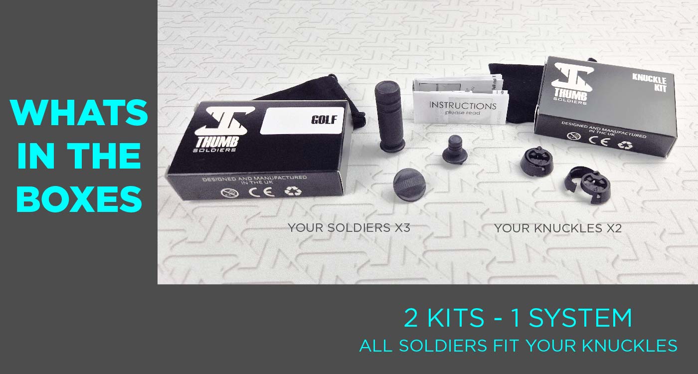 Thumb Soldier Golf kit boxes and components on a grey background with text